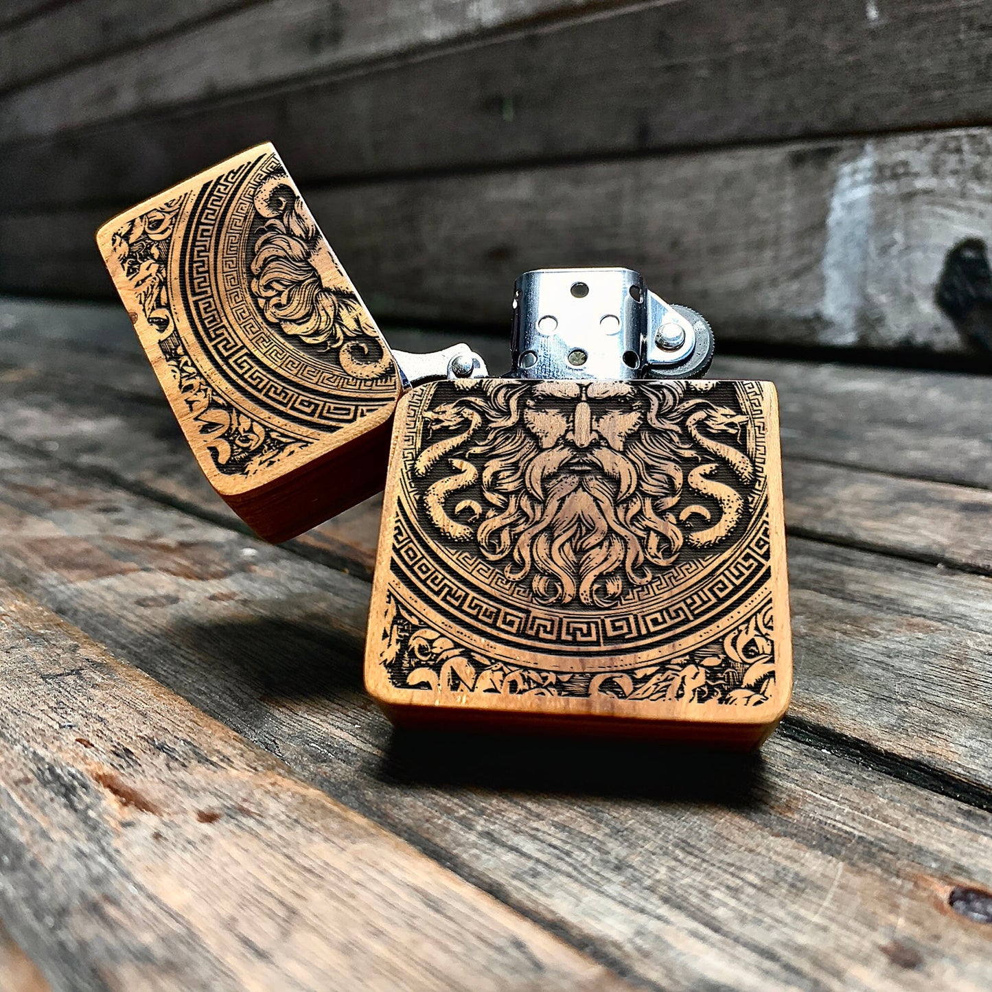 HANDMADE ENGRAVED LIGHTER, Zeus Greek Mythology Java Teakwood Case, Custom lighter, personalized lighter, groomsman gift, gift for him