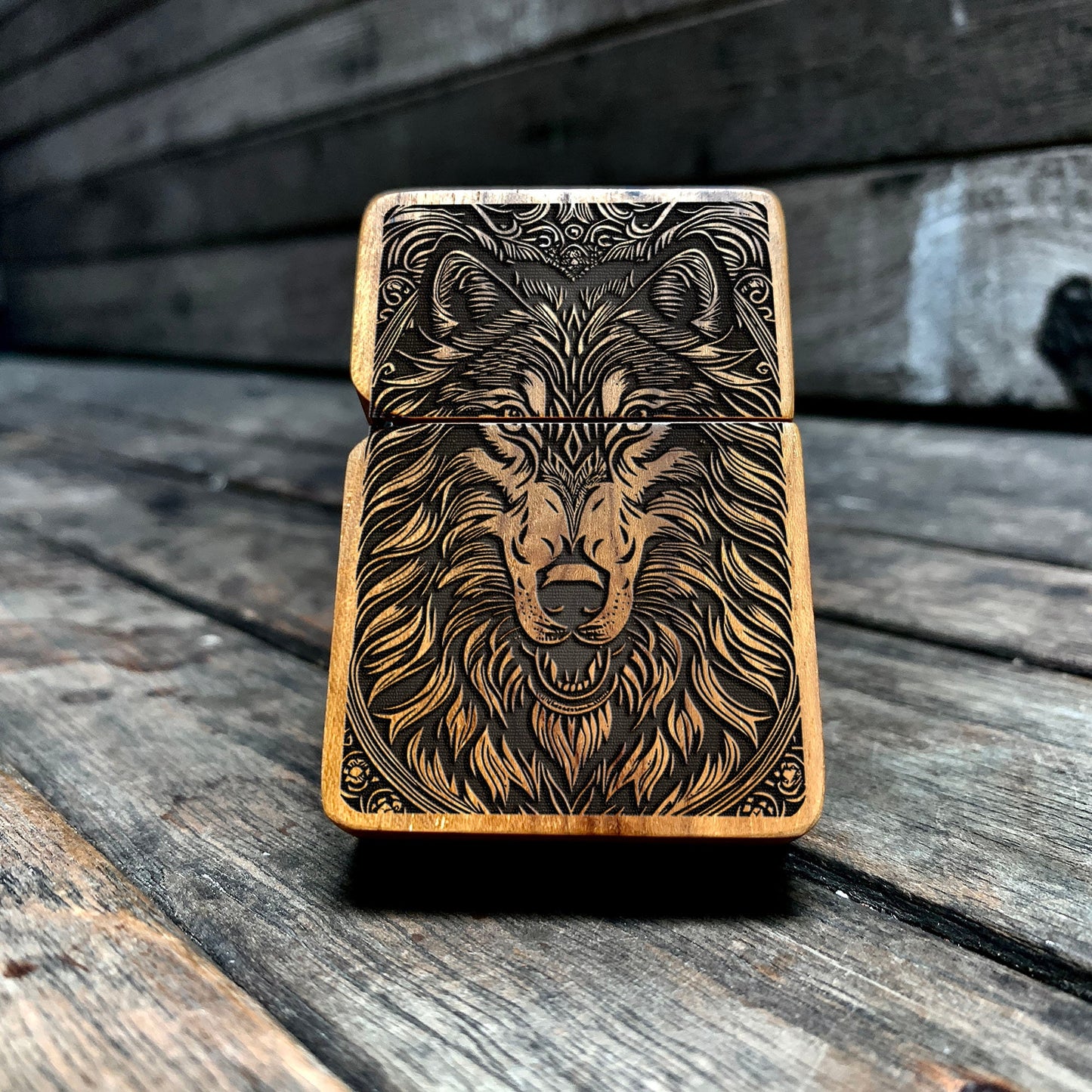 Grey Wolf Java Teakwood Engraved Lighter