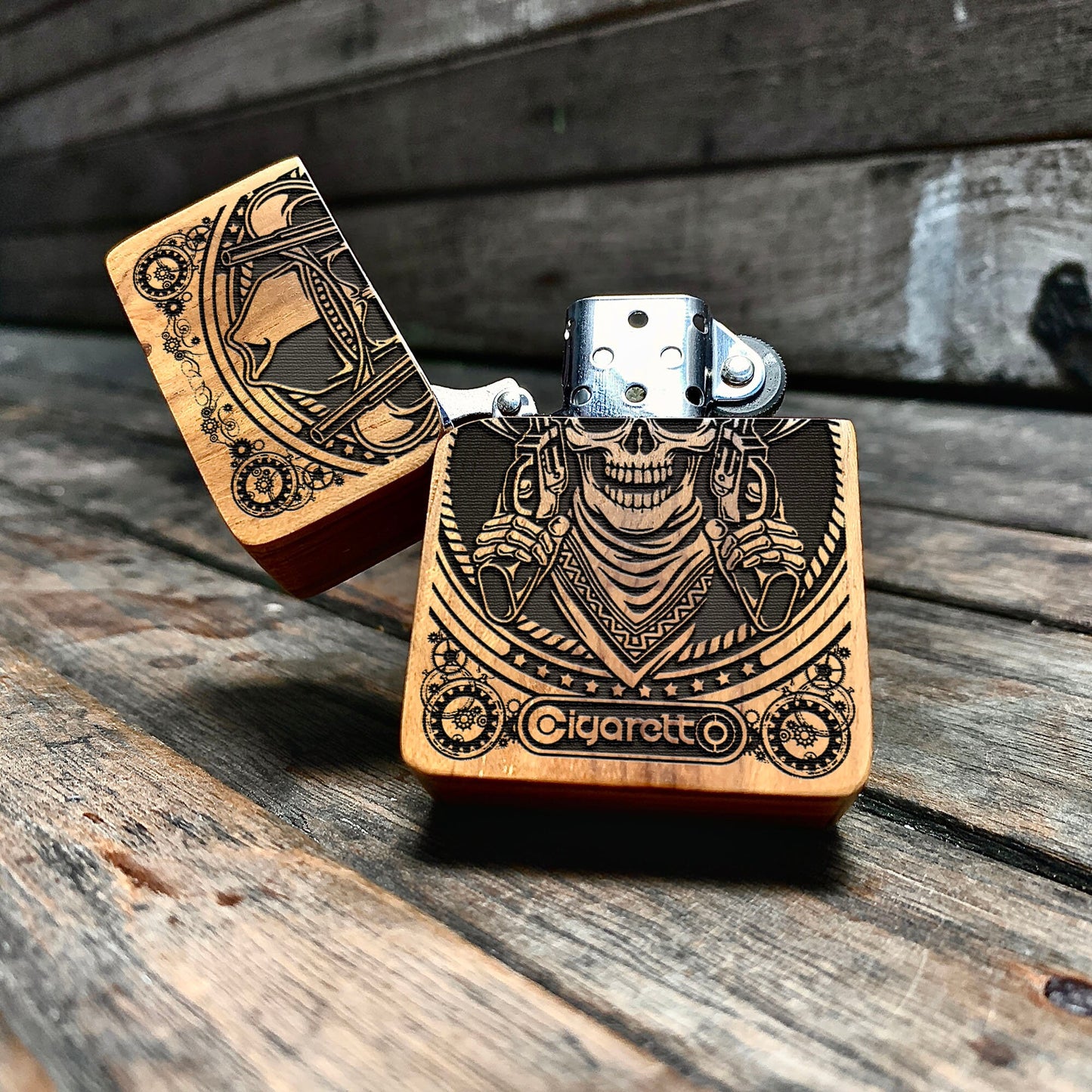 Engraved lighter with wood case cover, Vintage cigar lighter Cowboy Skull personalized gifts for men