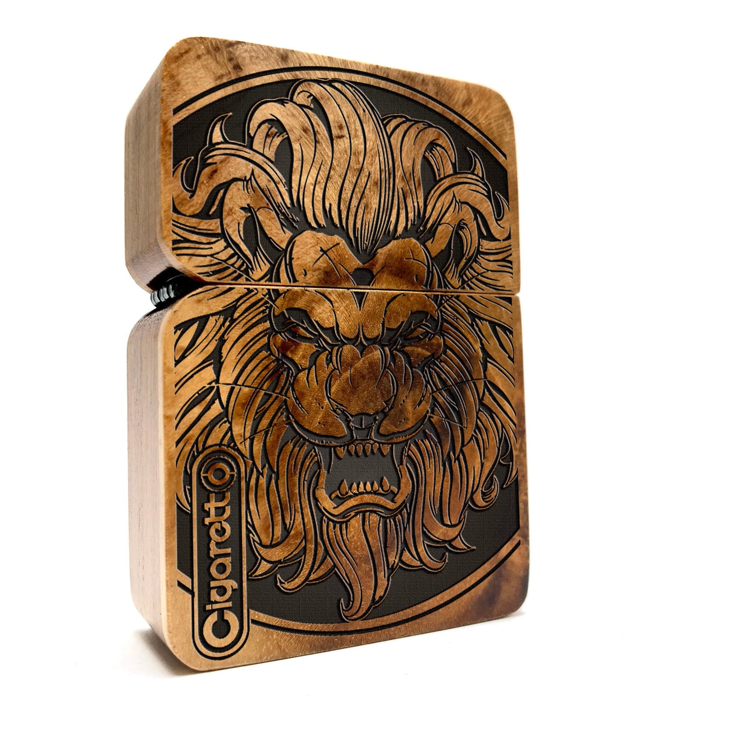 Engraved lighter cover with wood case, windproof cigar lighter sleeve holder lion king