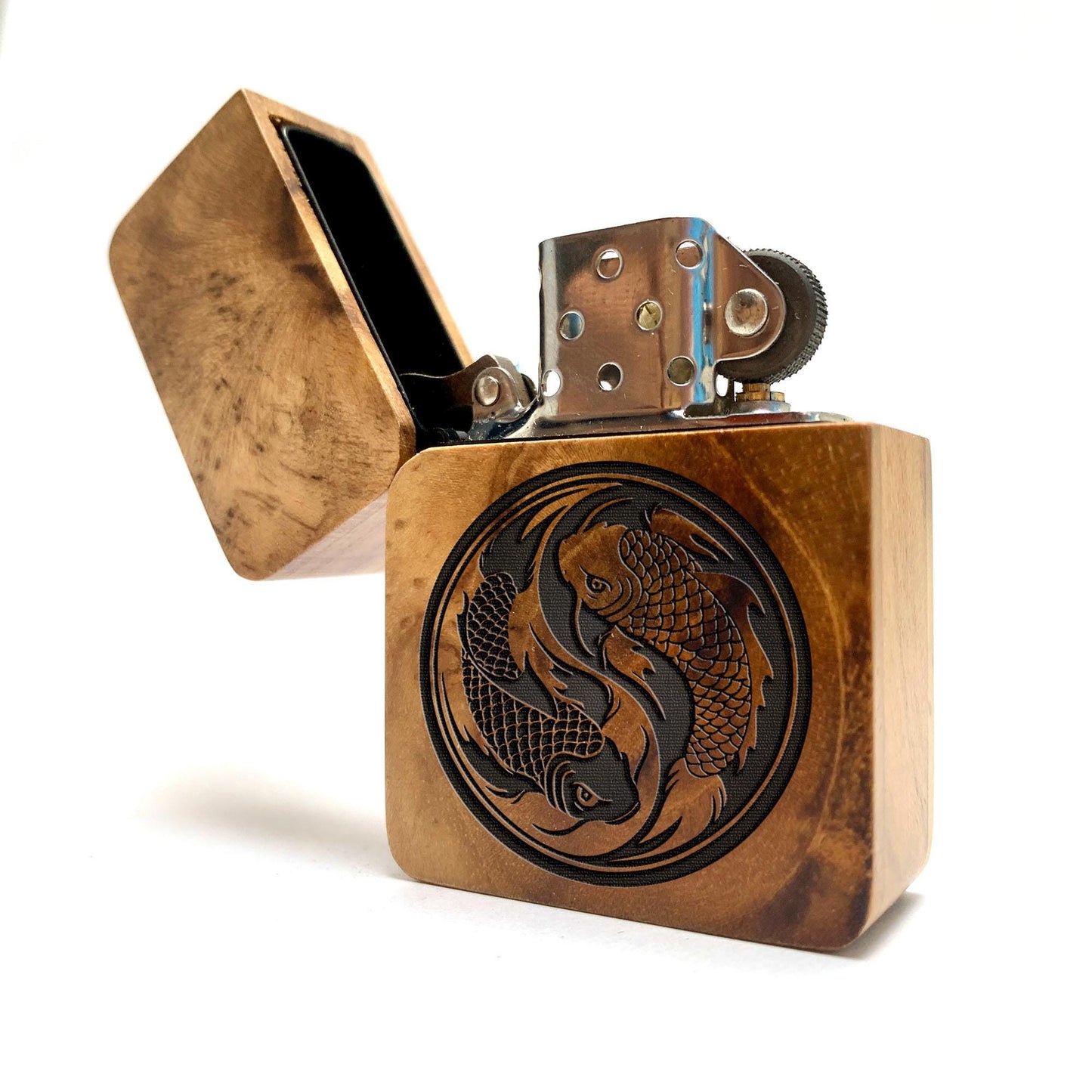 ENGRAVED LIGHTER Yin Yang Koi Fish, Windproof lighter With Wood cover, Cigar Lighter, Lighter Case, Lighter Sleeve, Custom Lighter