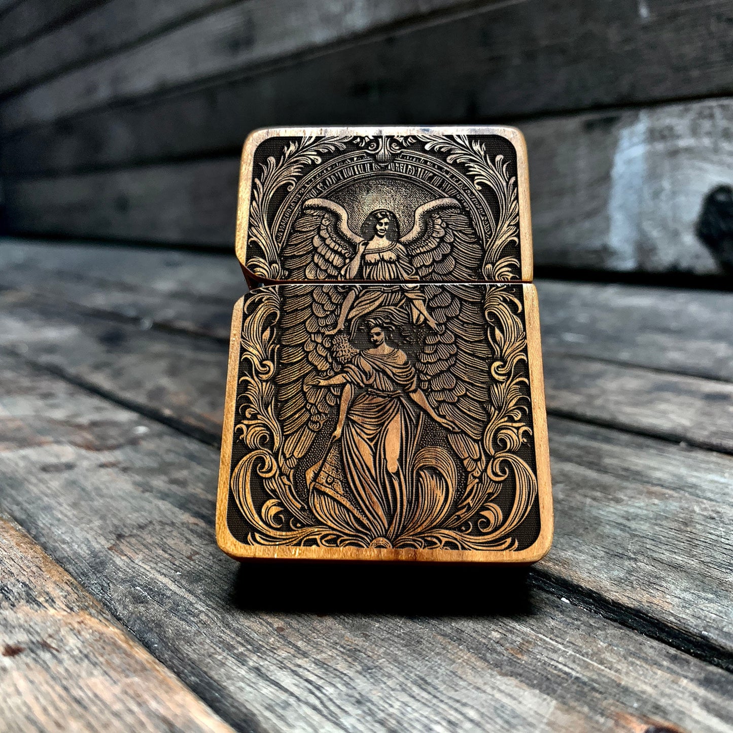 Celestial Embrace – Angelic Engraved Teakwood Lighter