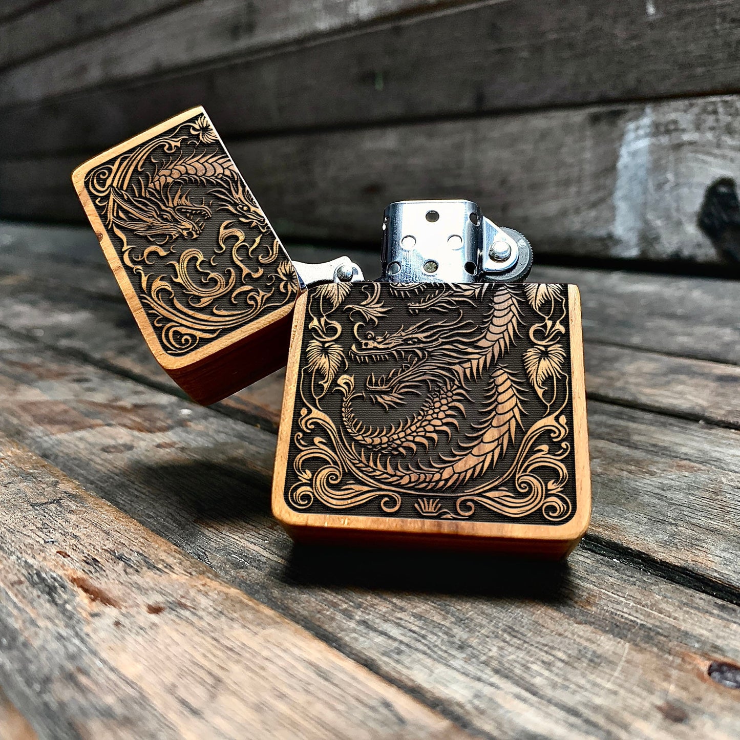 Dragon Engraved Wooden Lighter, Personalized Gifts & Mementos