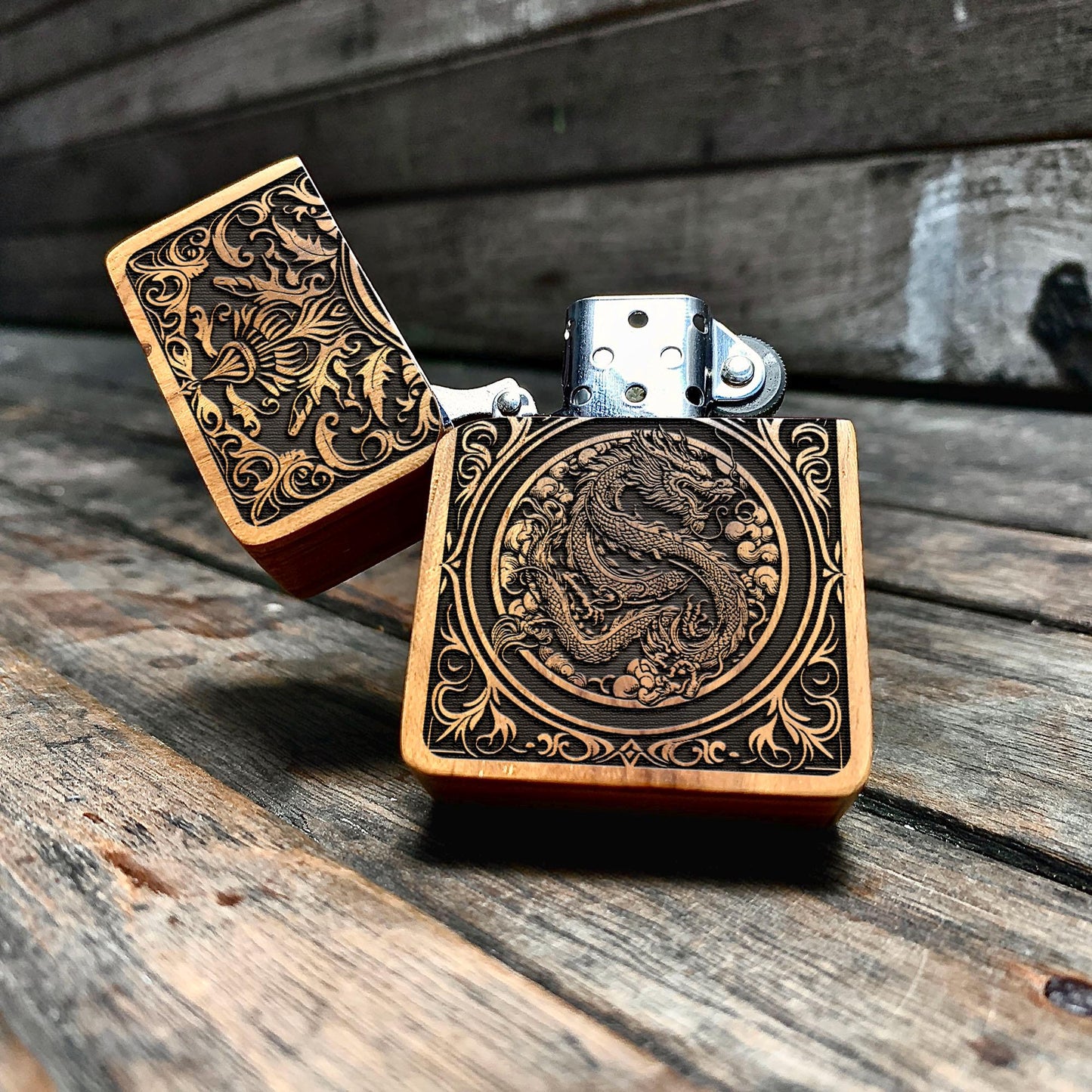 Dragon Ornament Engraved Teak Wood Lighter - A Unique and Personalized Gift