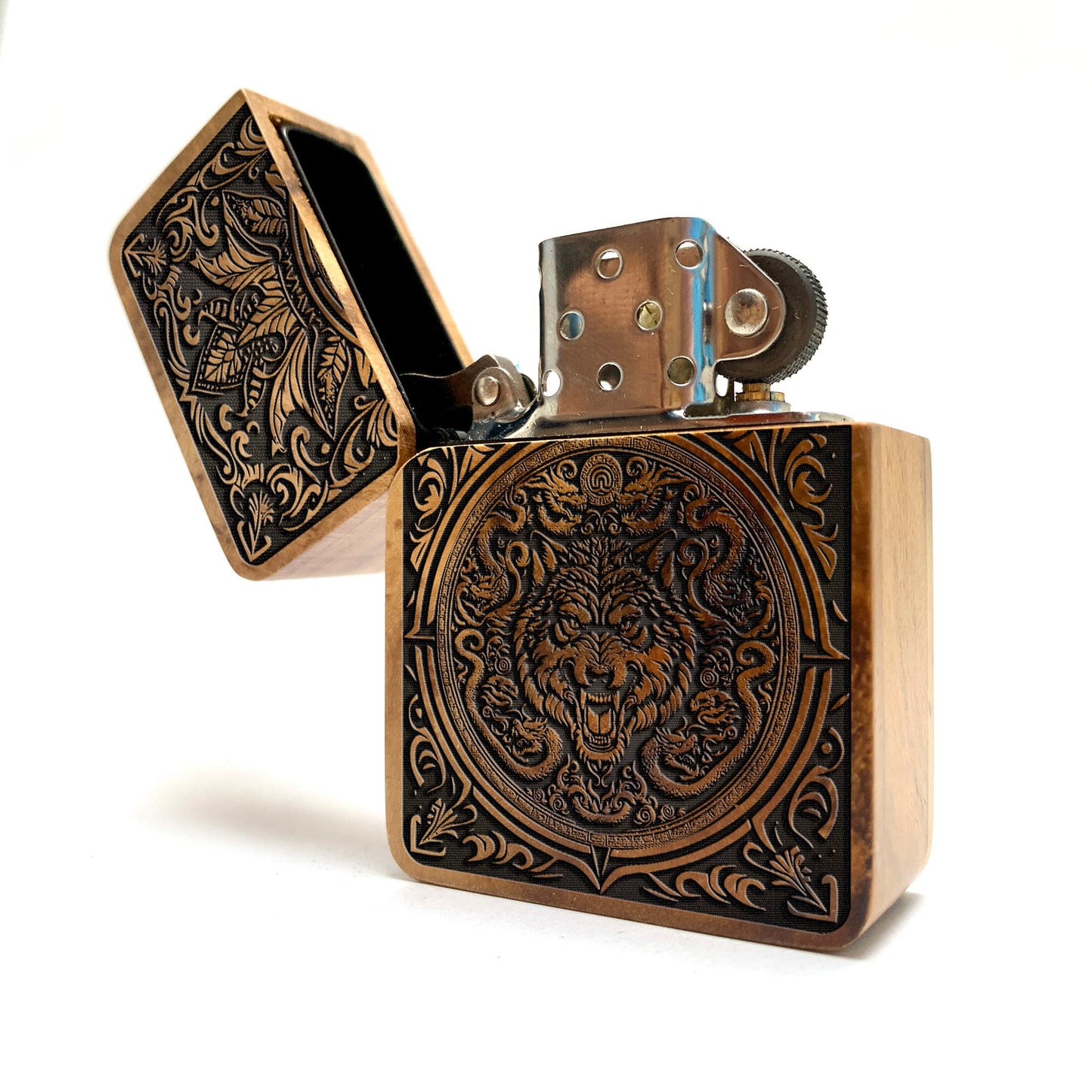 Wolf Ornament Java Teakwood Engraved Lighter, personalized lighter, groomsman gift, gift for him