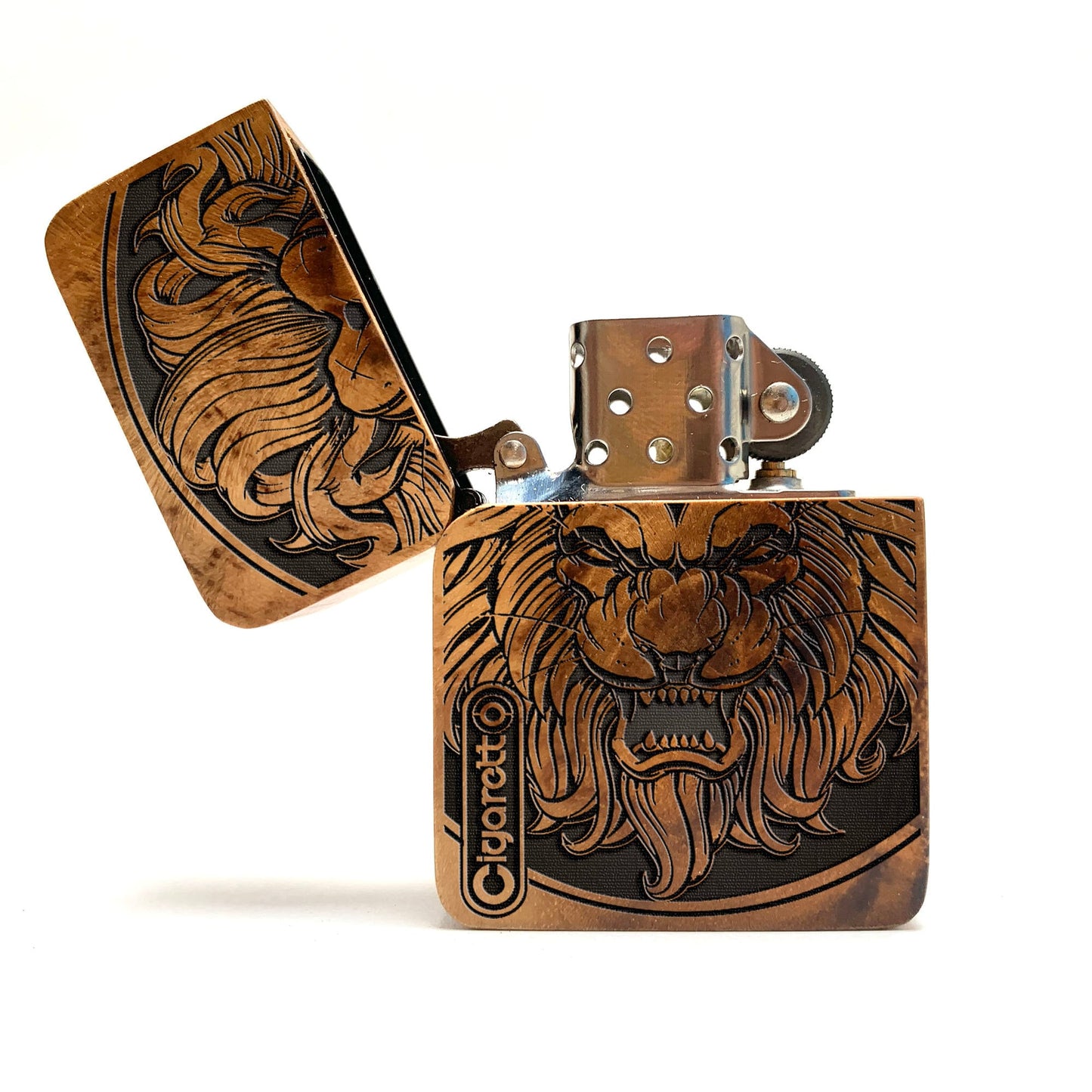 Engraved lighter cover with wood case, windproof cigar lighter sleeve holder lion king
