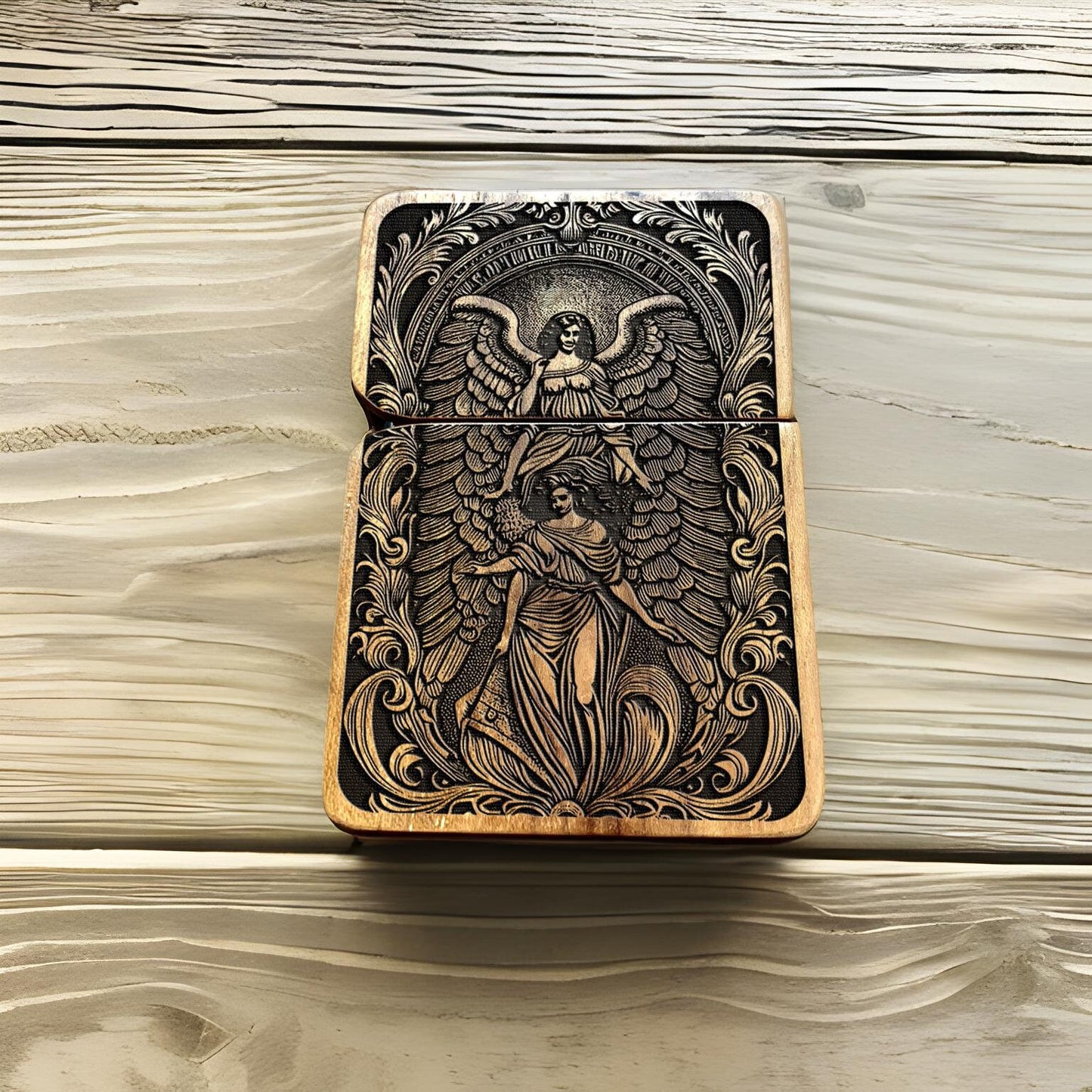 Celestial Embrace – Angelic Engraved Teakwood Lighter