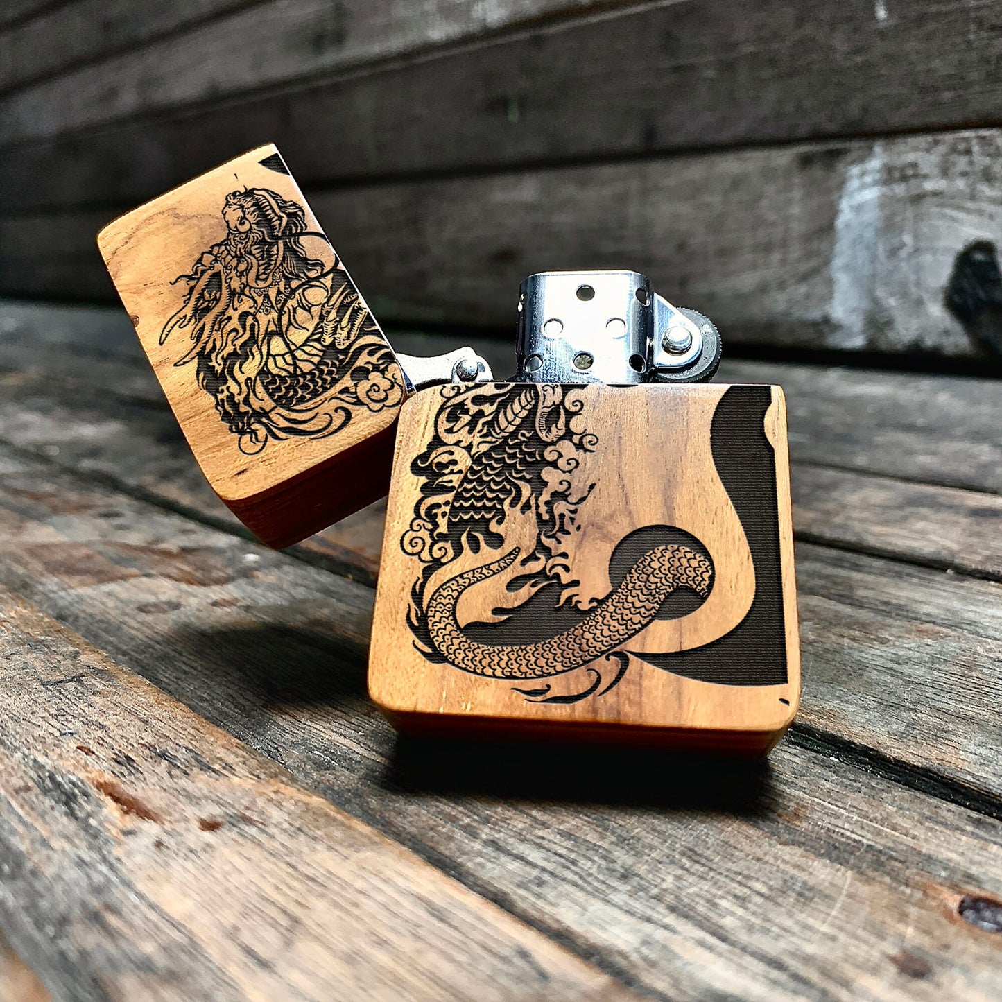 Dragon Yin-Yang Java Teak Wood Engraved Lighter - Handmade Custom Lighter