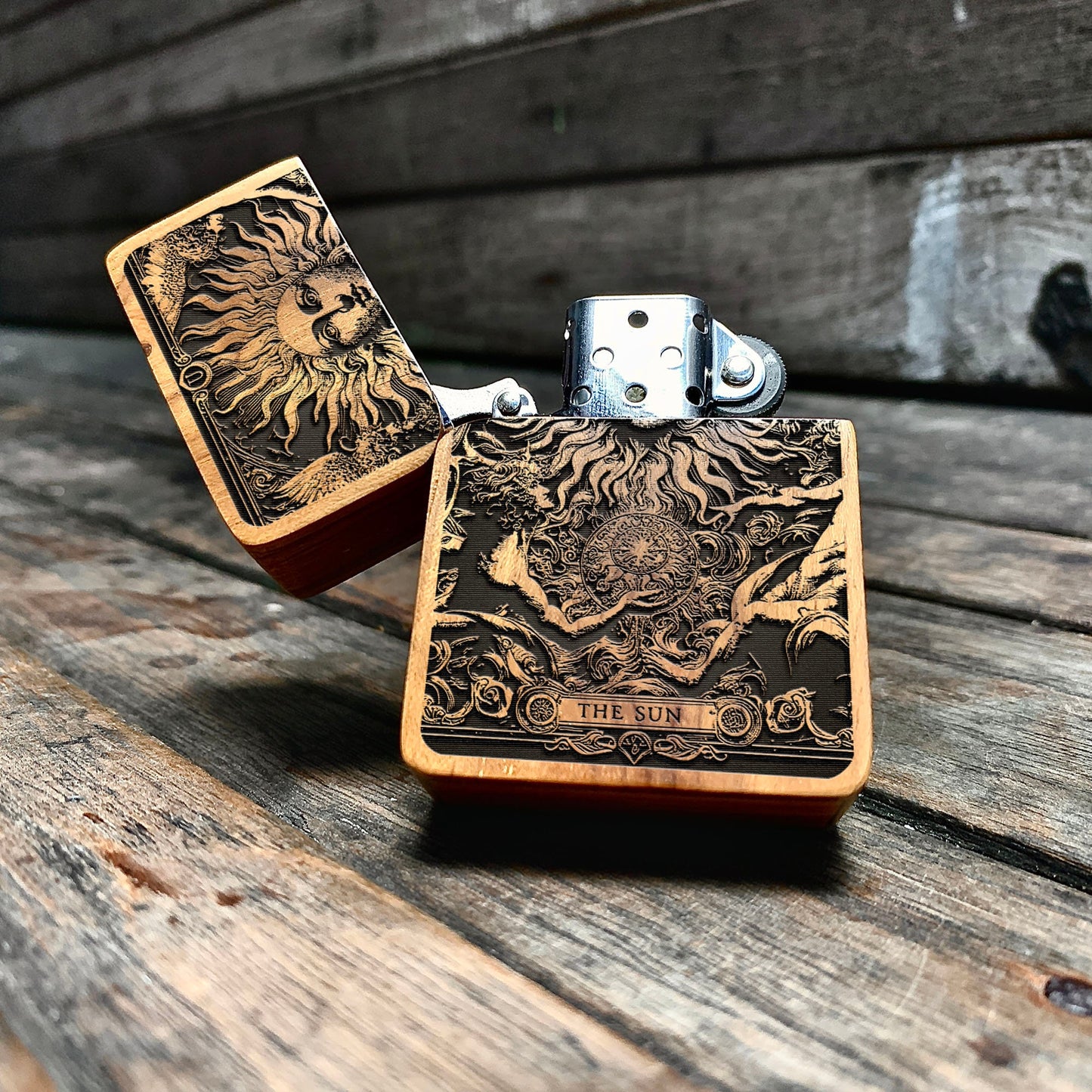 The Sun Java Teak Wood Engraved Lighter | Handmade Smoking Lighter Gift
