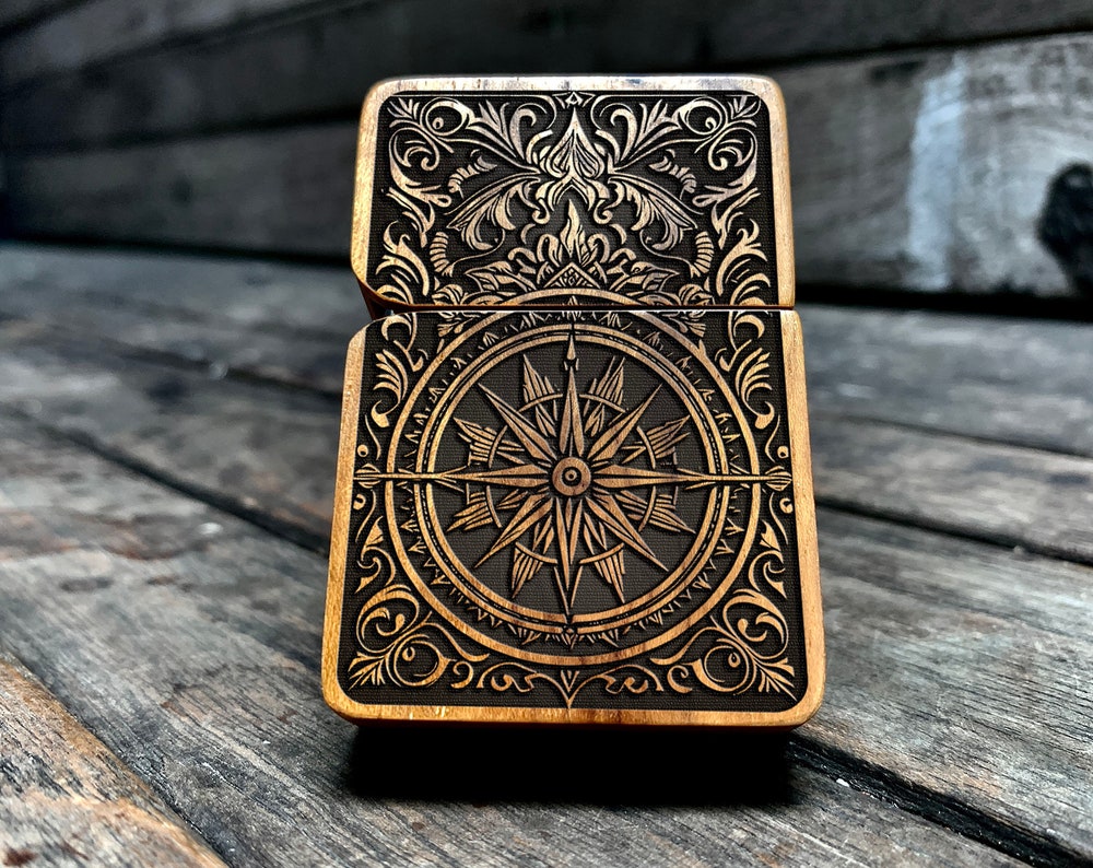 HANDMADE ENGRAVED LIGHTER, Compass Rose Java Teakwood Case