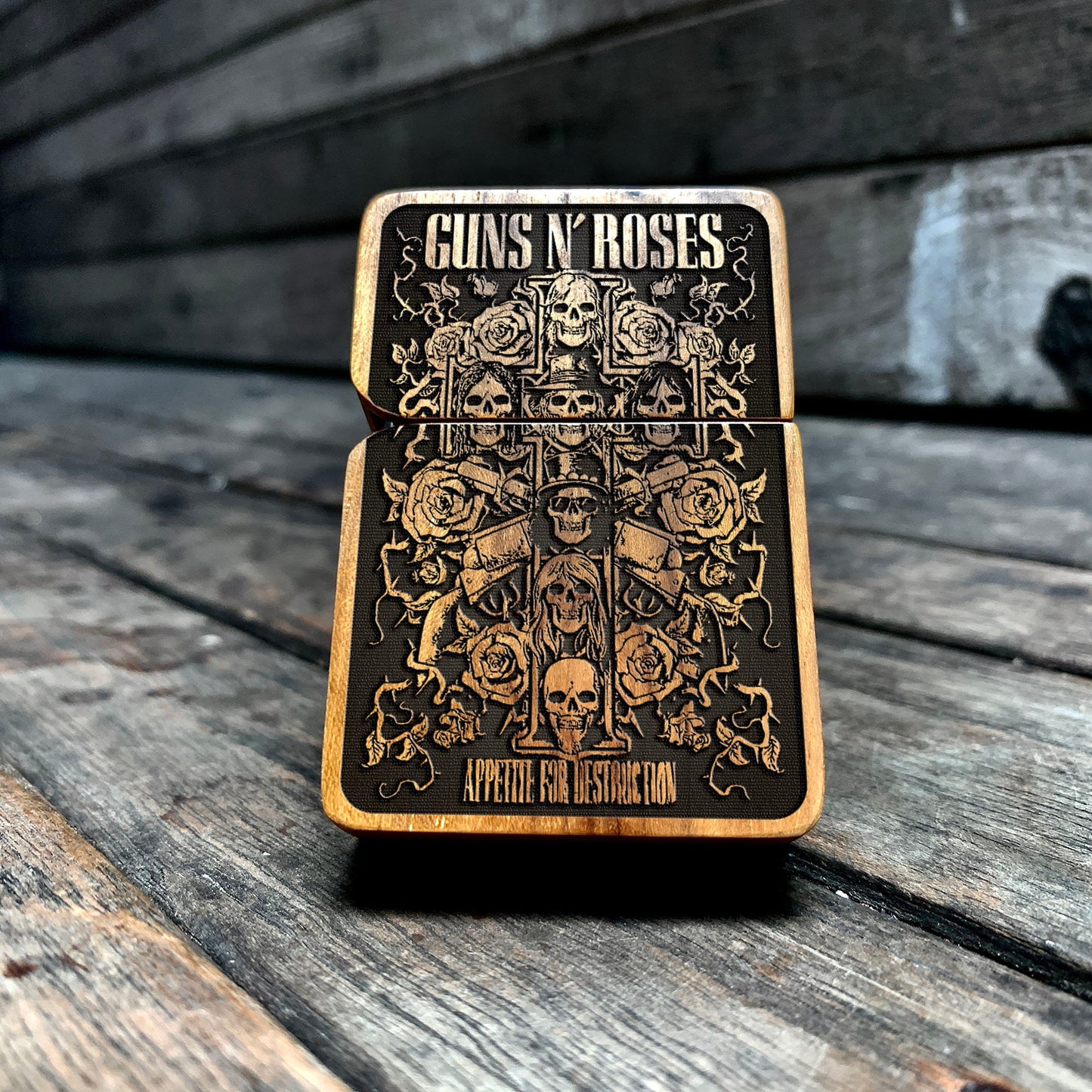 Gun n Roses Java Teak Wood Engraved Lighter