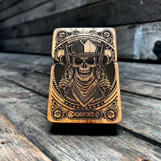 Engraved lighter with wood case cover, Vintage cigar lighter Cowboy Skull personalized gifts for men