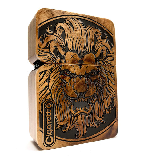 Engraved lighter cover with wood case, windproof cigar lighter sleeve holder lion king