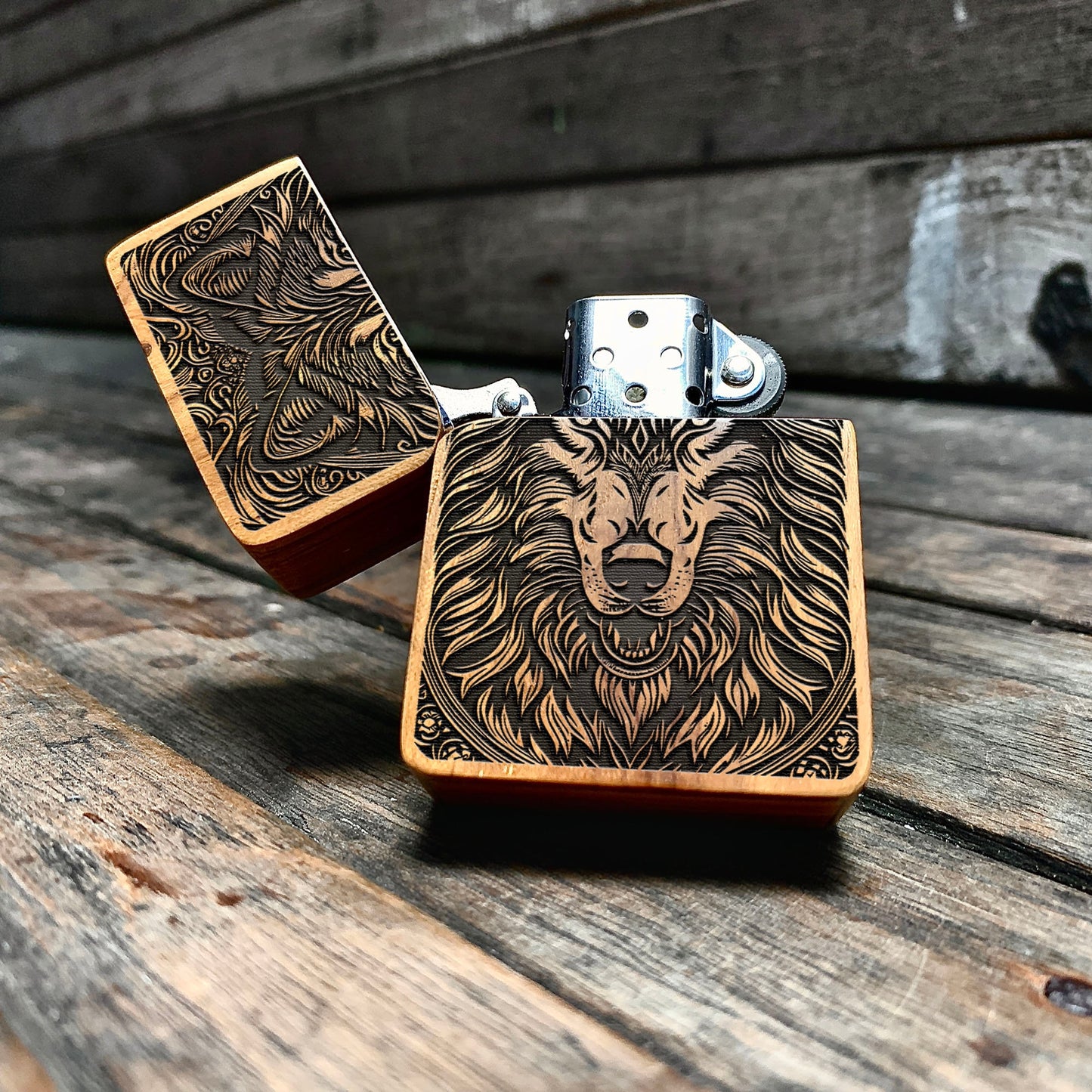 Grey Wolf Java Teakwood Engraved Lighter
