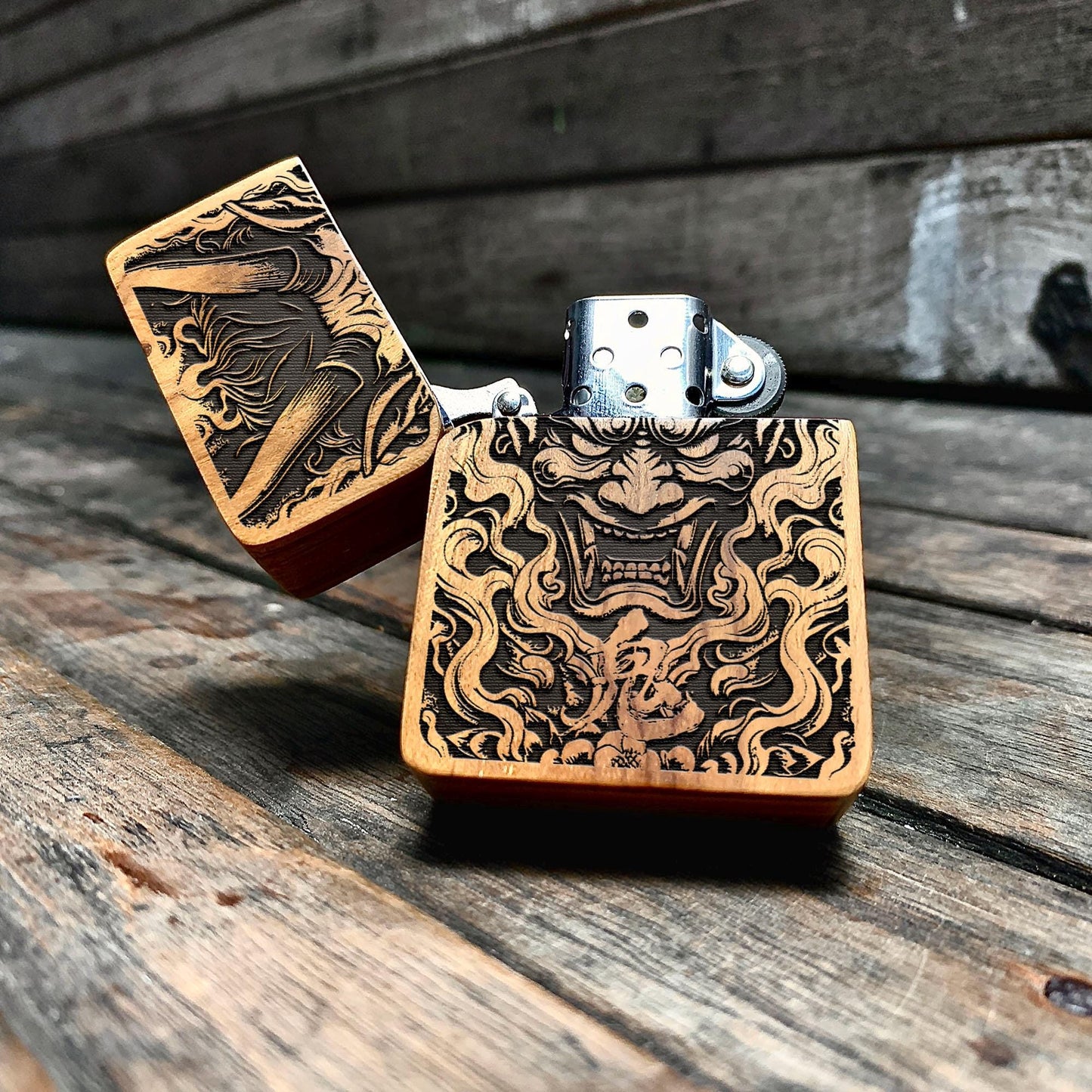 Wrath of the Oni – Japanese Demon Engraved Teakwood Lighter