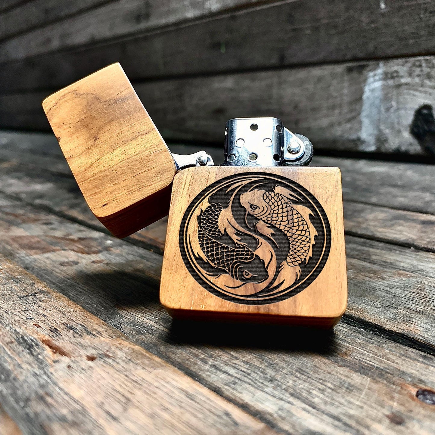 ENGRAVED LIGHTER Yin Yang Koi Fish, Windproof lighter With Wood cover, Cigar Lighter, Lighter Case, Lighter Sleeve, Custom Lighter