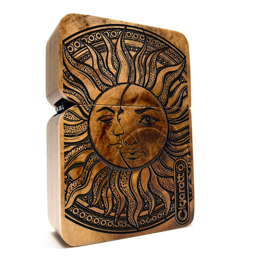 ENGRAVED LIGHTER, Cigar Lighter, Custom Lighter, Windproof lighter  + Wood cover, Lighter Case, Lighter Sleeve, Lighter Holder, sun and moon