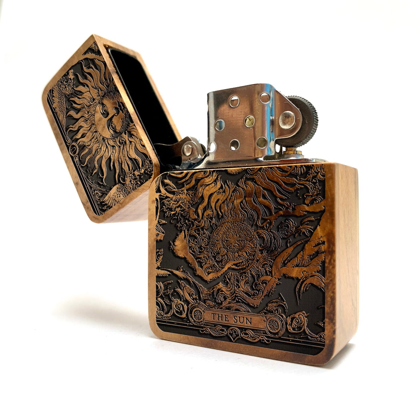 The Sun Java Teak Wood Engraved Lighter | Handmade Smoking Lighter Gift