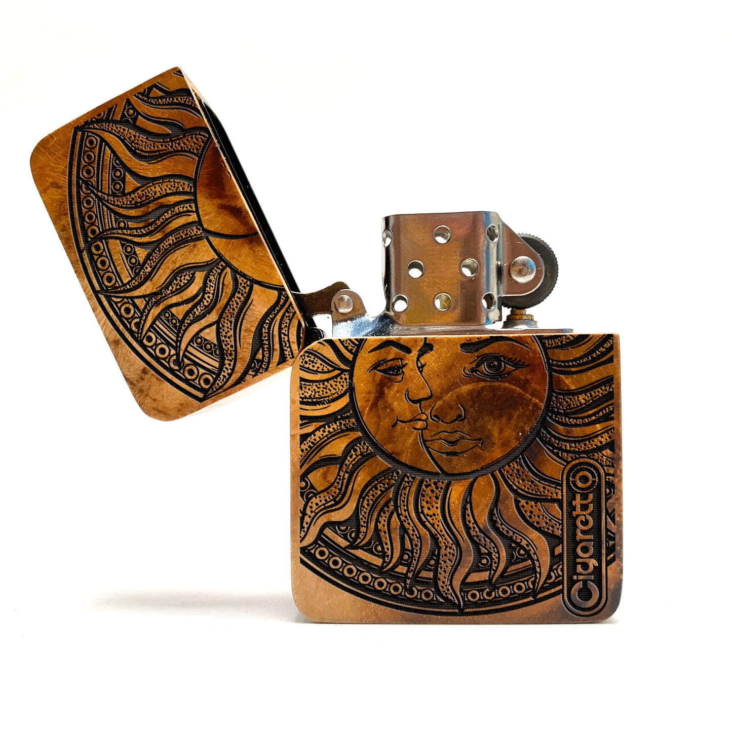 ENGRAVED LIGHTER, Cigar Lighter, Custom Lighter, Windproof lighter  + Wood cover, Lighter Case, Lighter Sleeve, Lighter Holder, sun and moon