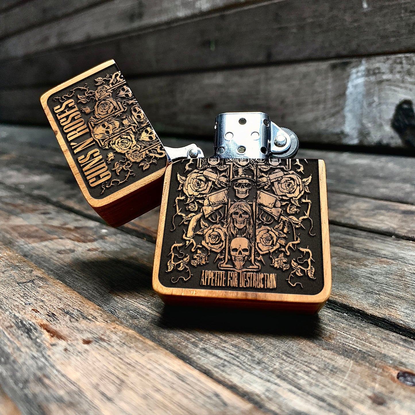 Gun n Roses Java Teak Wood Engraved Lighter