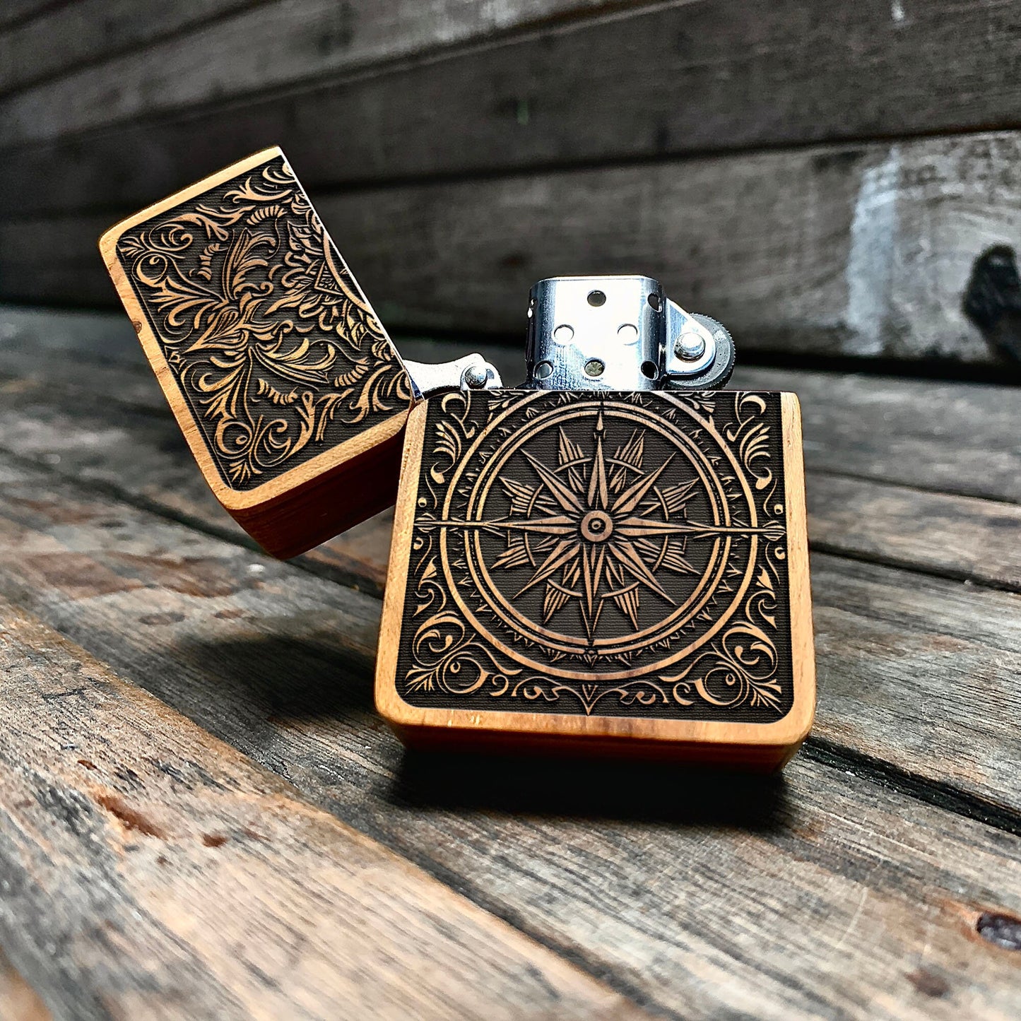 HANDMADE ENGRAVED LIGHTER, Compass Rose Java Teakwood Case, Custom lighter, personalized lighter, groomsman gift, gift for him, gift for her