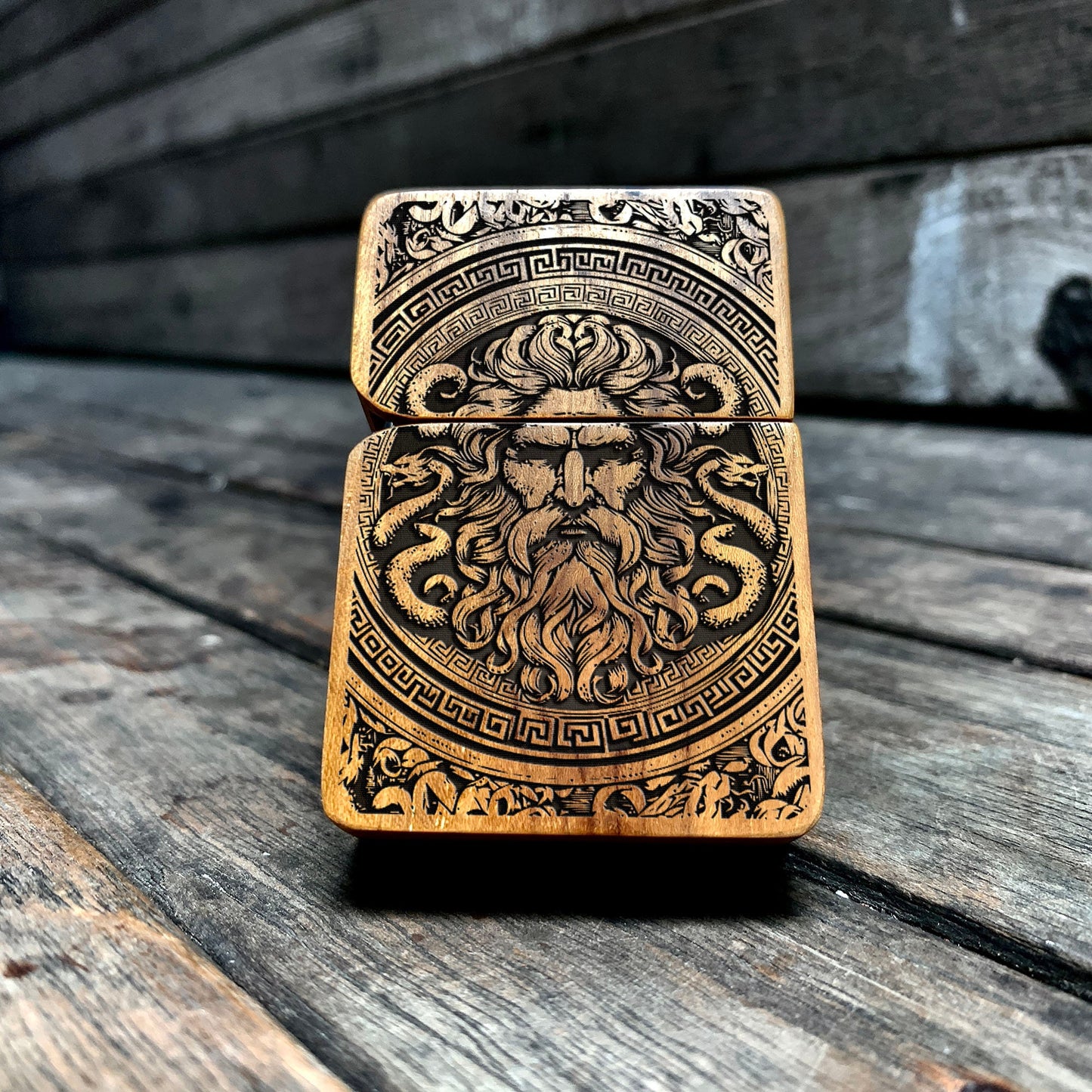 HANDMADE ENGRAVED LIGHTER, Zeus Greek Mythology Java Teakwood Case, Custom lighter, personalized lighter, groomsman gift, gift for him