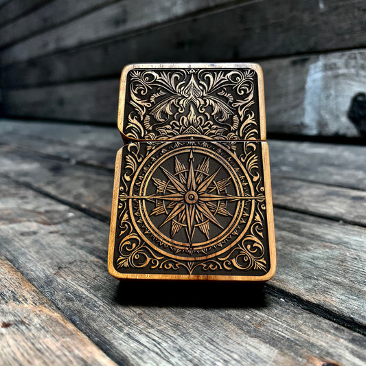 HANDMADE ENGRAVED LIGHTER, Compass Rose Java Teakwood Case, Custom lighter, personalized lighter, groomsman gift, gift for him, gift for her