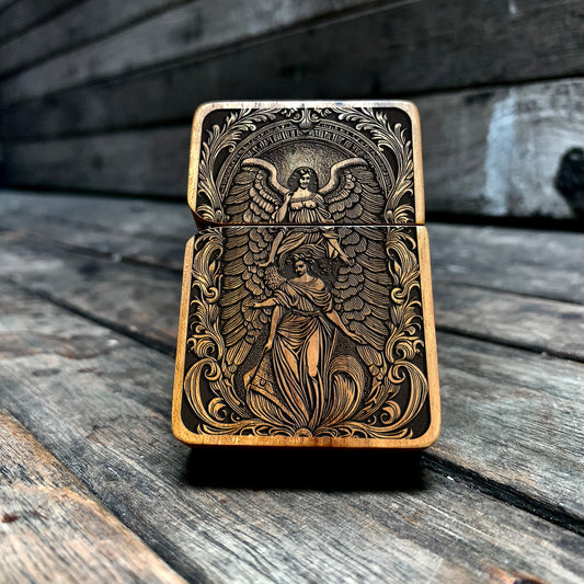 Celestial Embrace – Angelic Engraved Teakwood Lighter