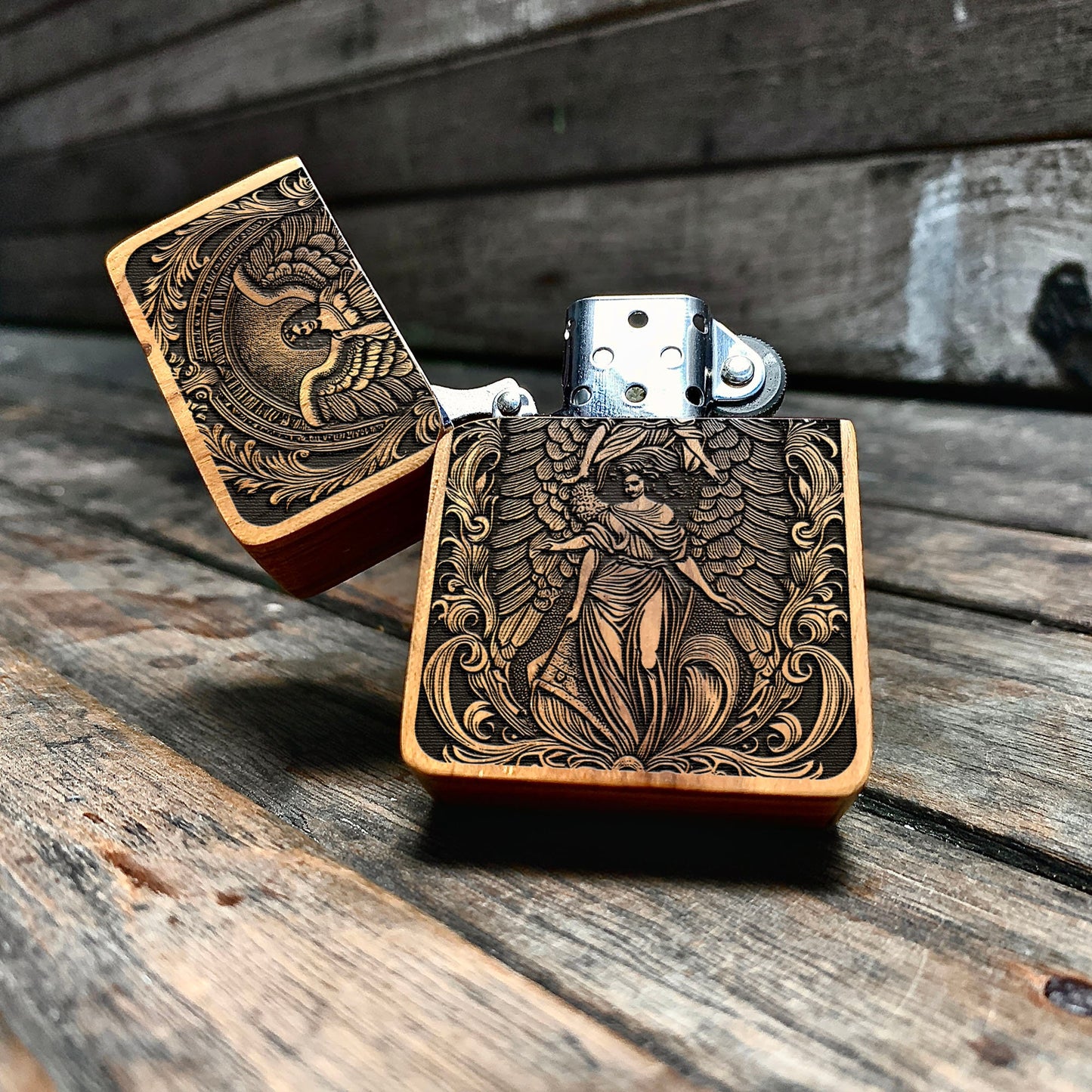 Celestial Embrace – Angelic Engraved Teakwood Lighter