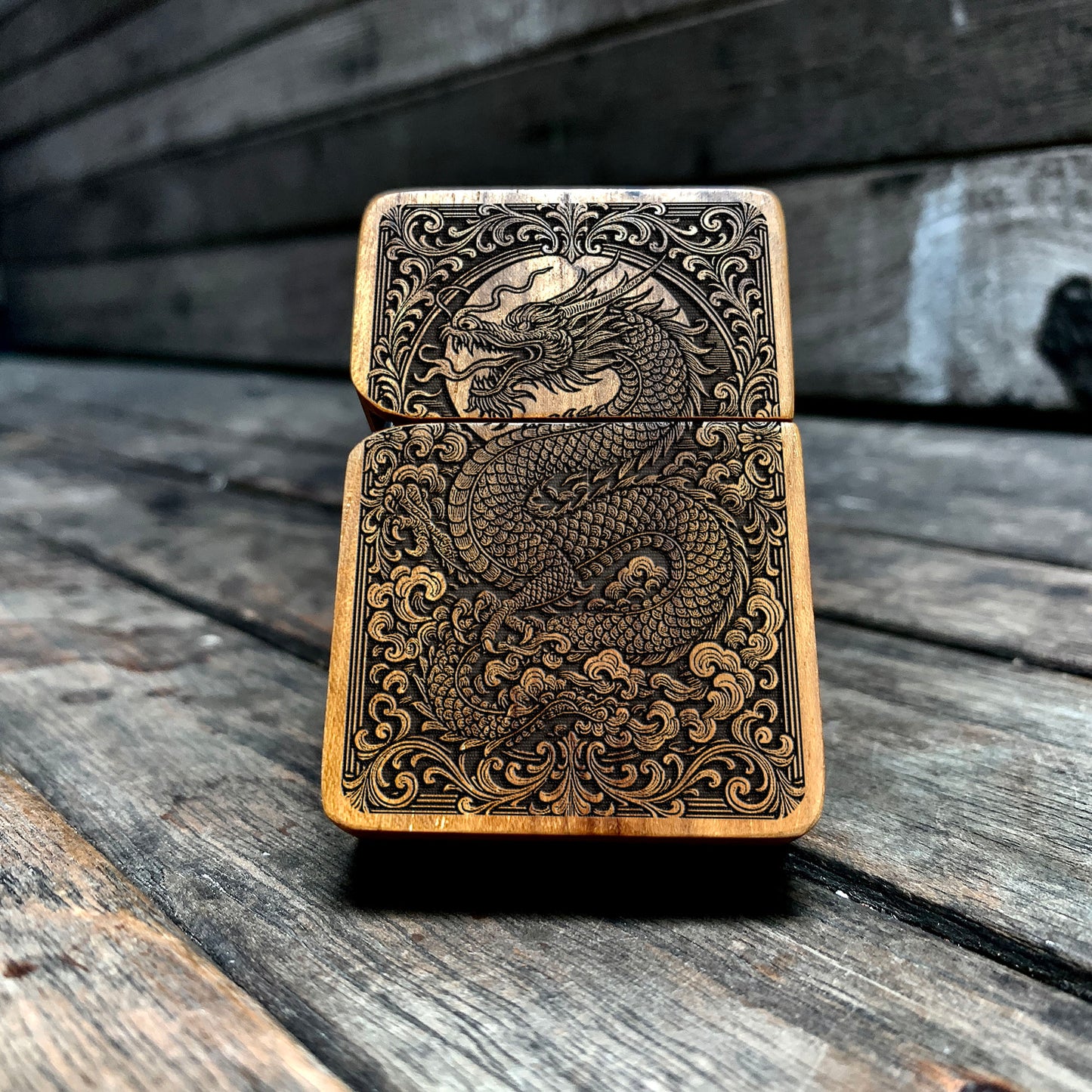 The Eternal Dragon – Engraved Teakwood Lighter