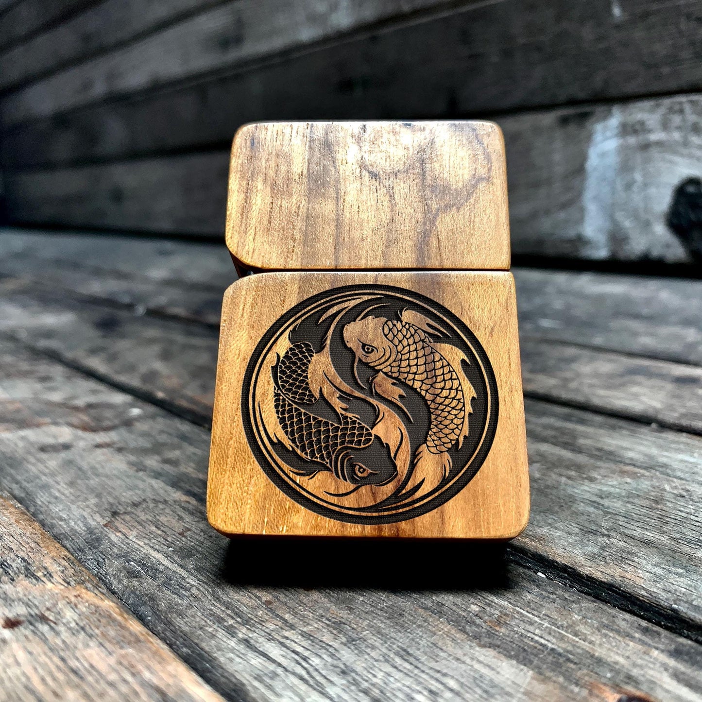 ENGRAVED LIGHTER Yin Yang Koi Fish, Windproof lighter With Wood cover, Cigar Lighter, Lighter Case, Lighter Sleeve, Custom Lighter