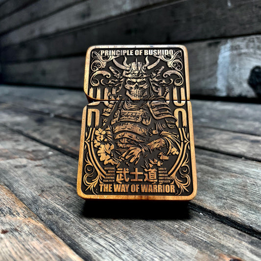 Bushido Samurai Engraved Teak Wood Lighter – Handcrafted Warrior Spirit Gift – The Way of the Warrior