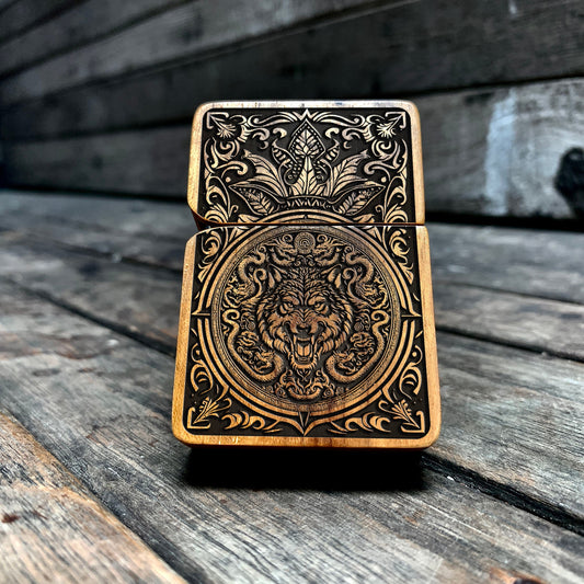 Wolf Ornament Java Teakwood Engraved Lighter, personalized lighter, groomsman gift, gift for him