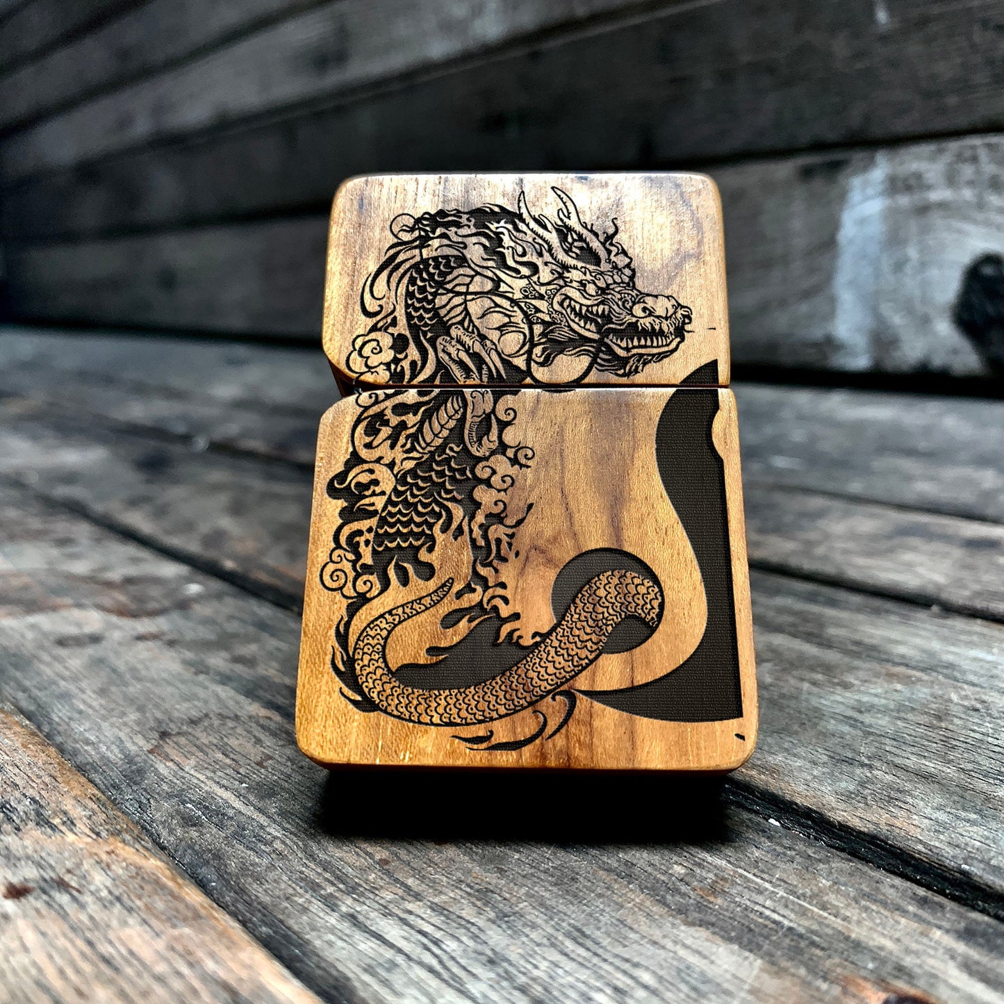 Dragon Yin-Yang Java Teak Wood Engraved Lighter - Handmade Custom Lighter