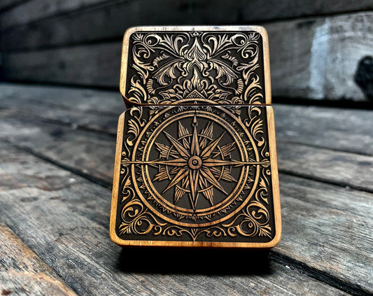 HANDMADE ENGRAVED LIGHTER, Compass Rose Java Teakwood Case